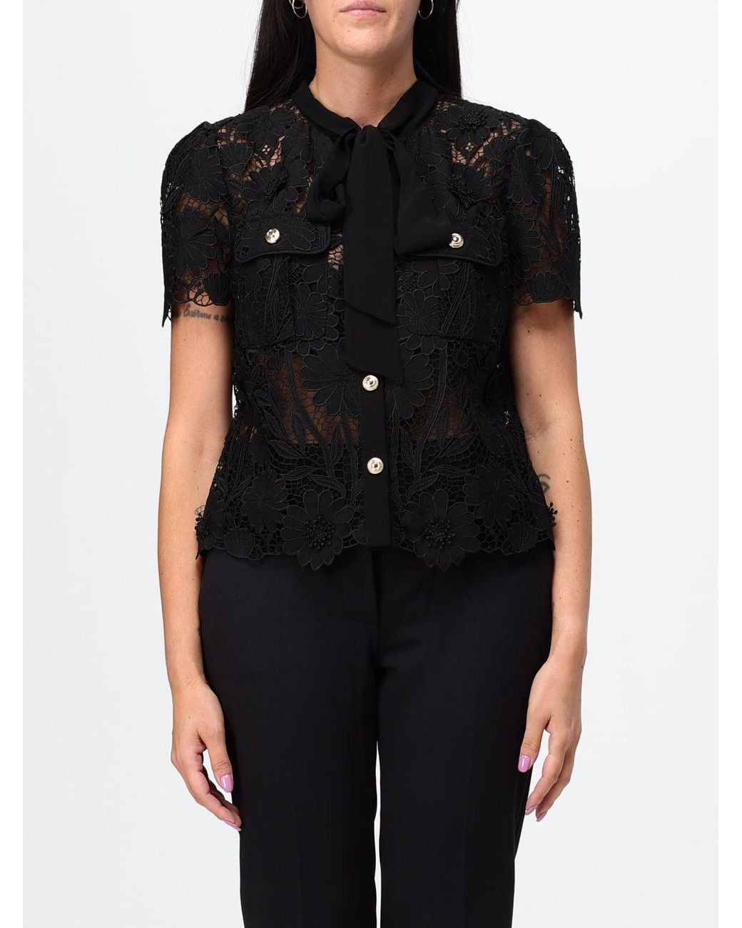 Self-Portrait Black Sheer Lace Evening Top With Pussy-Bow Collar And Short Sleeves