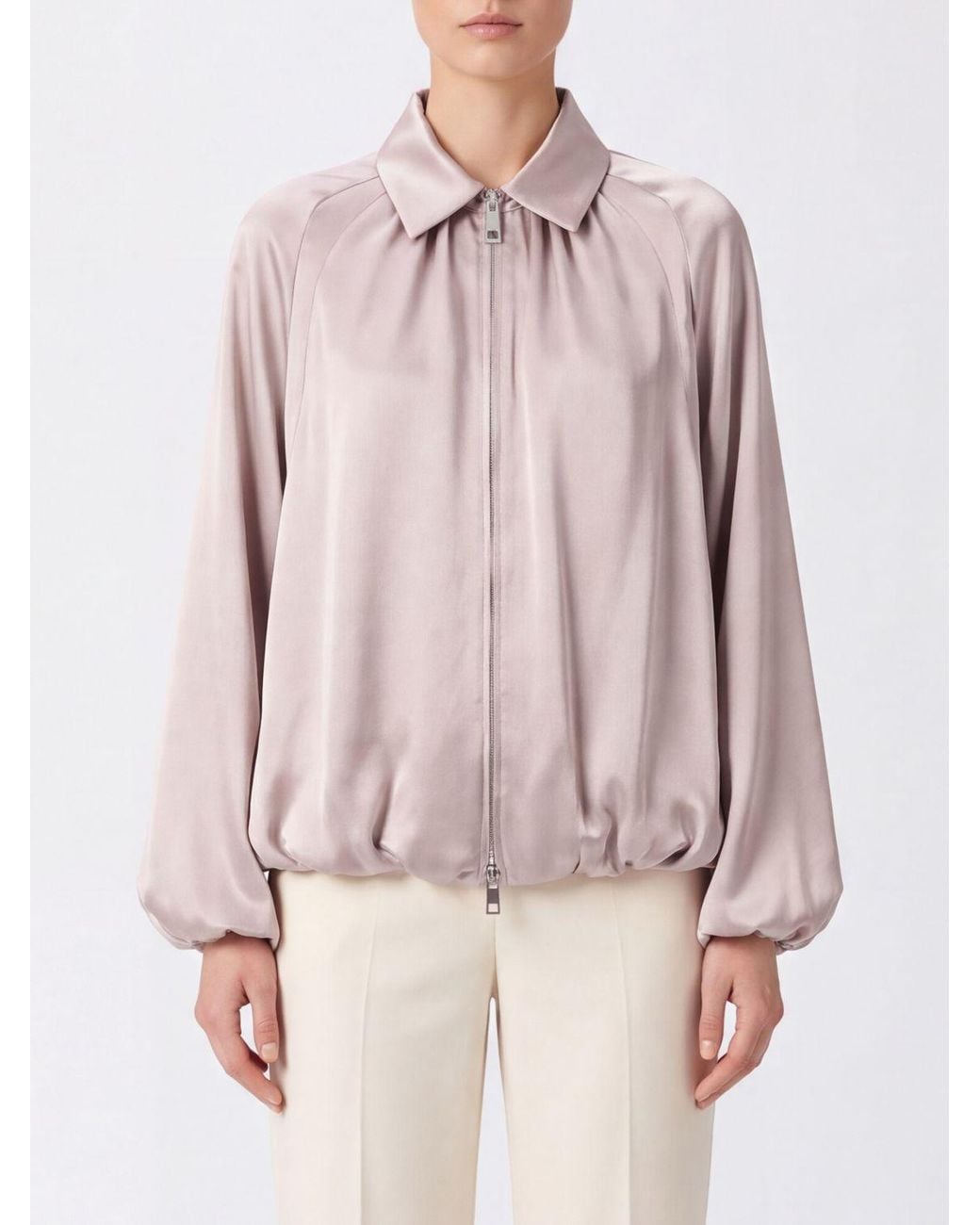 Liviana Conti Pink Cropped Draped Satin Bomber Jacket With Balloon Sleeves