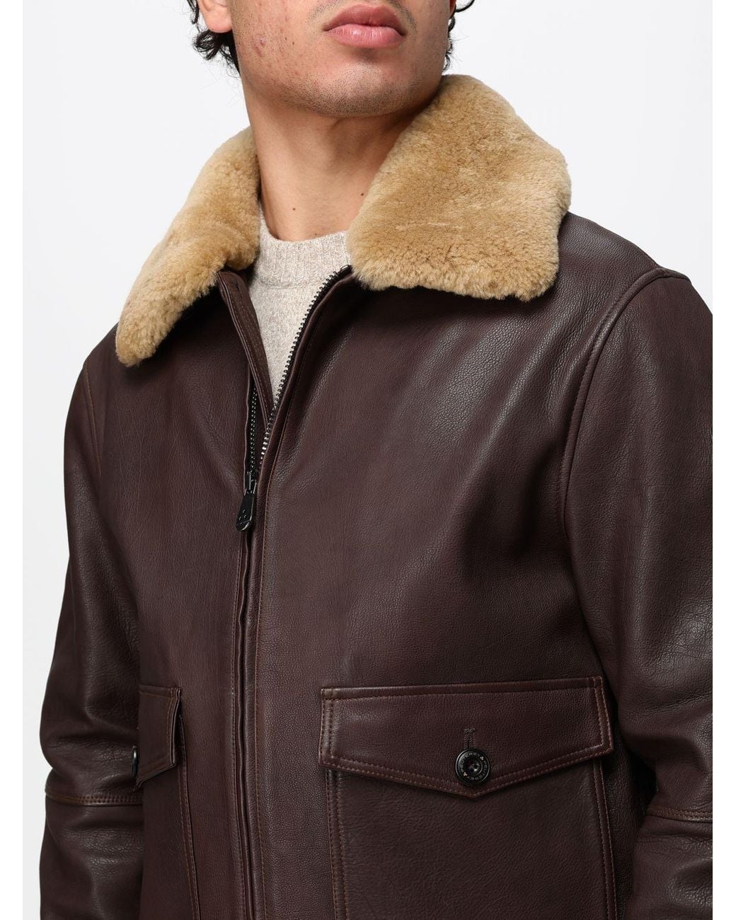 Peuterey Brown Short Shearling Leather Jacket With Fur Collar for men