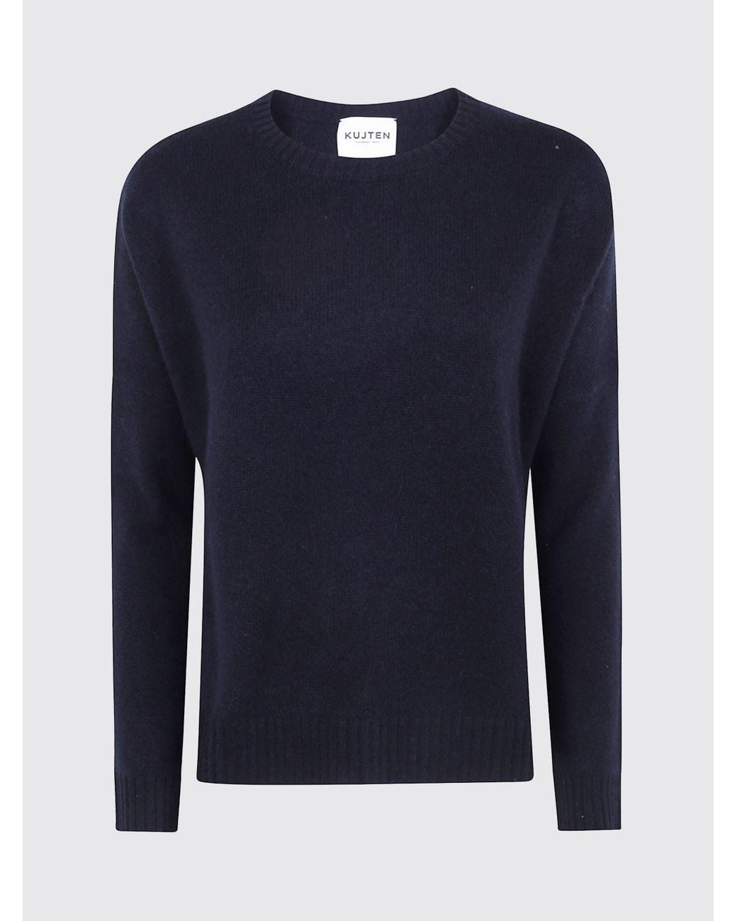 Kujten Blue 100% Cashmere Crewneck Jumper With Long Sleeves And Ribbed Trims