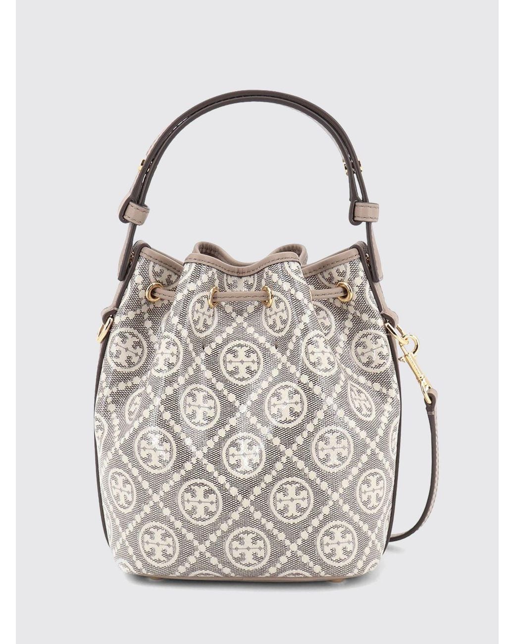 Tory Burch White Mini Monogram Cotton Bucket Bag With Double T Logo