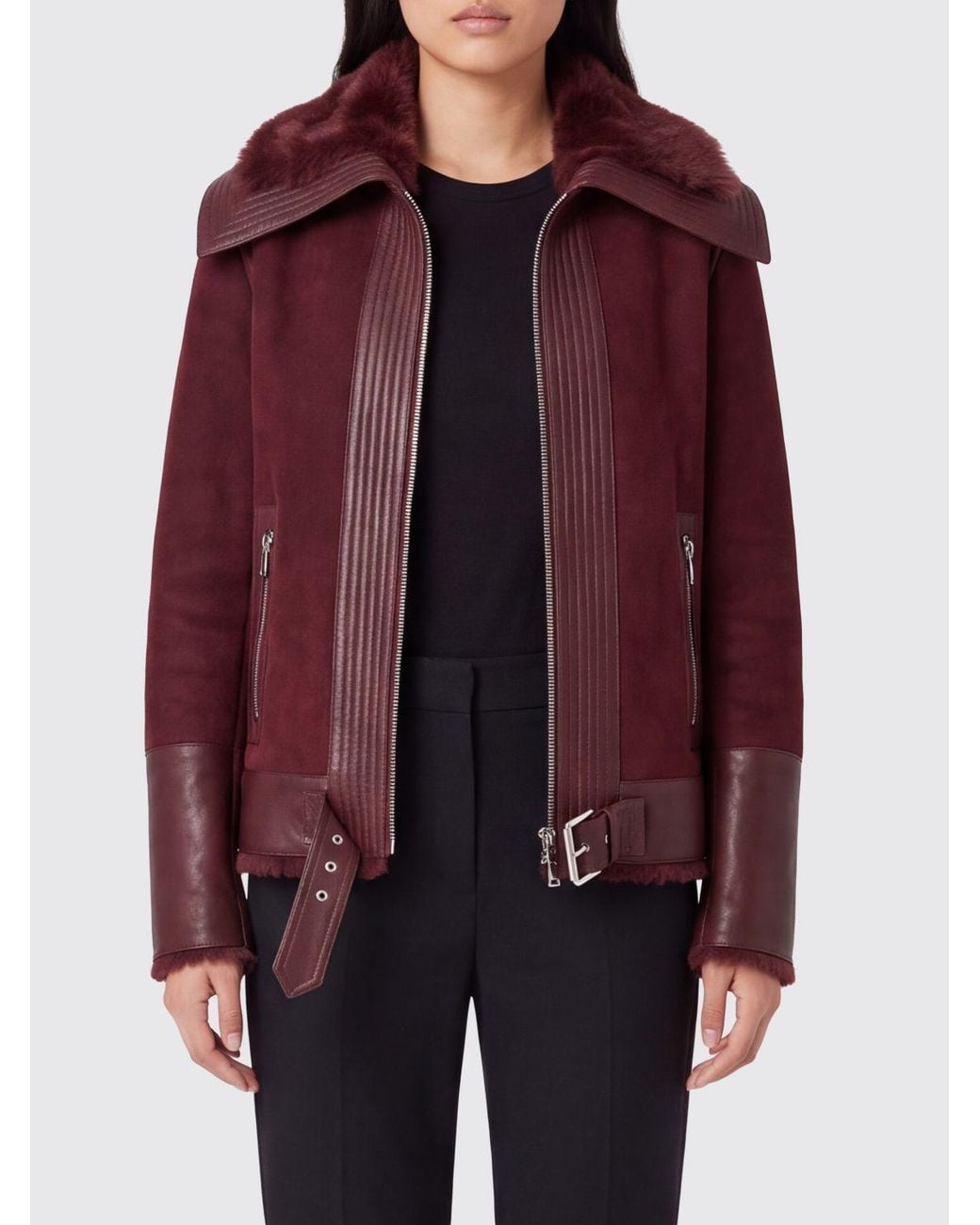 Patrizia Pepe Red Cropped Faux Fur Jacket With Classic Collar And Zip Pockets