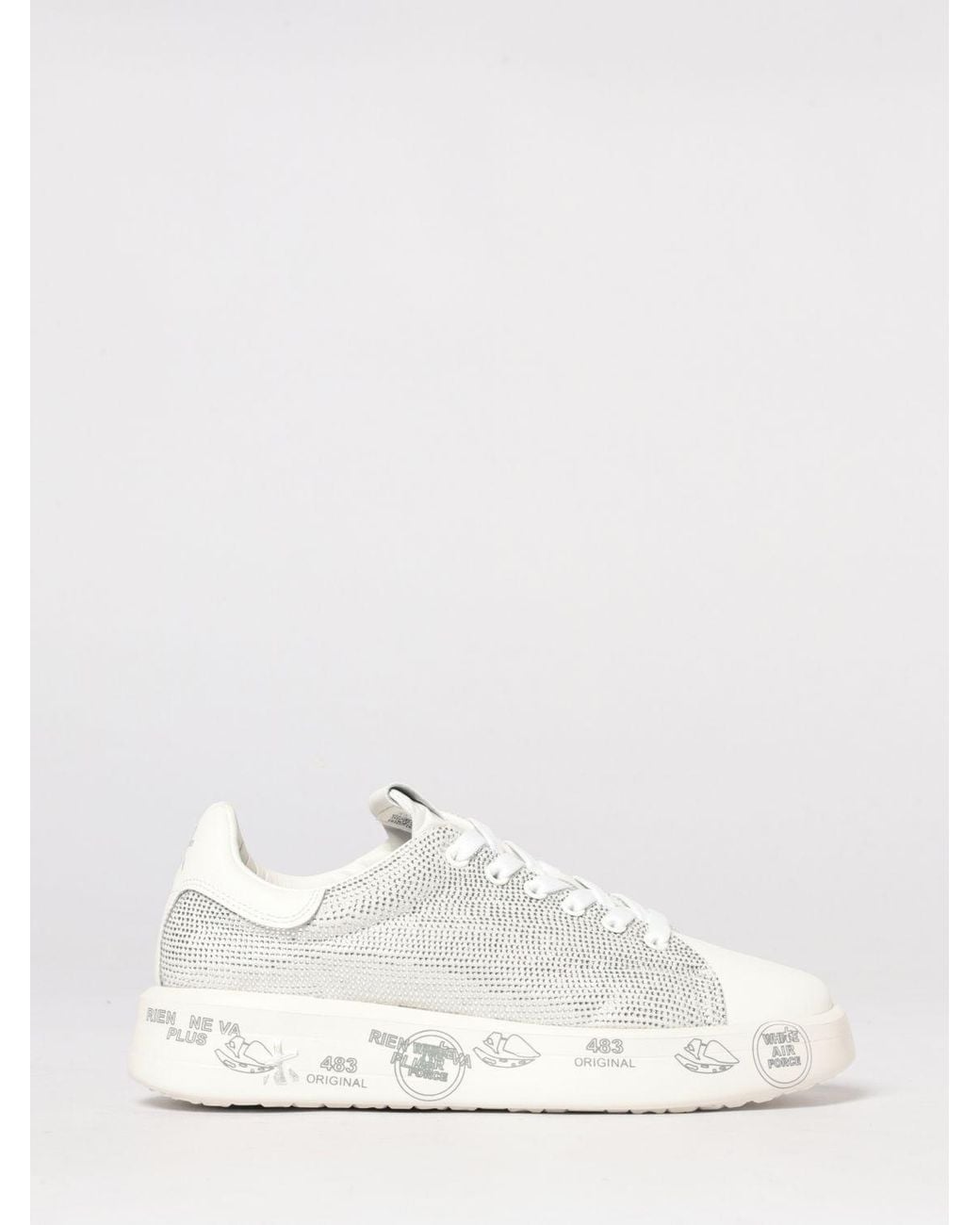 Premiata White Belle Leather Sneakers With Rhinestones