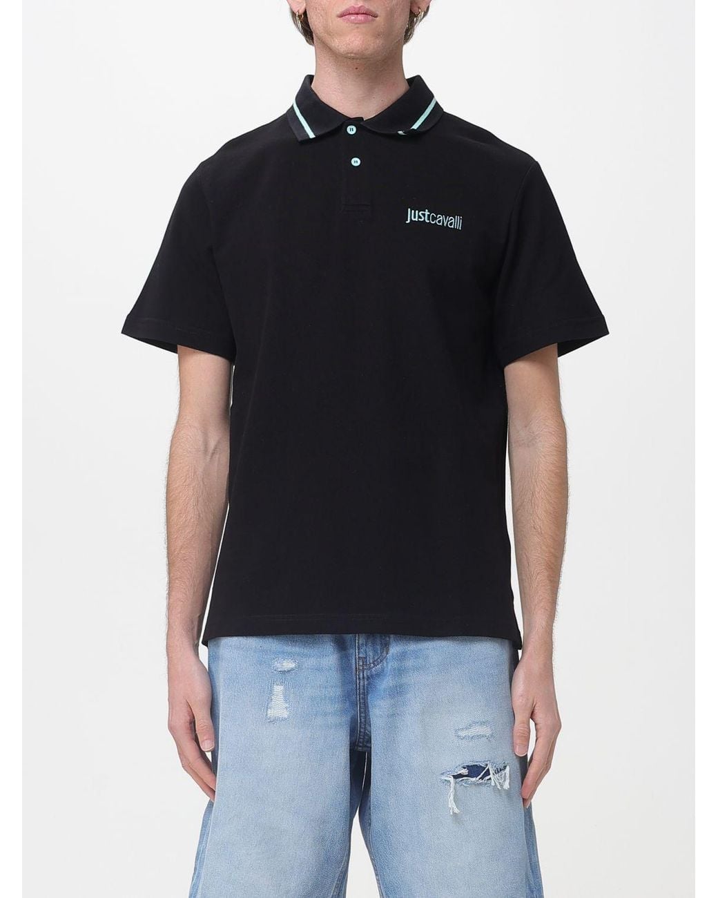 Just Cavalli Black Cotton Polo Shirt With Logo for men