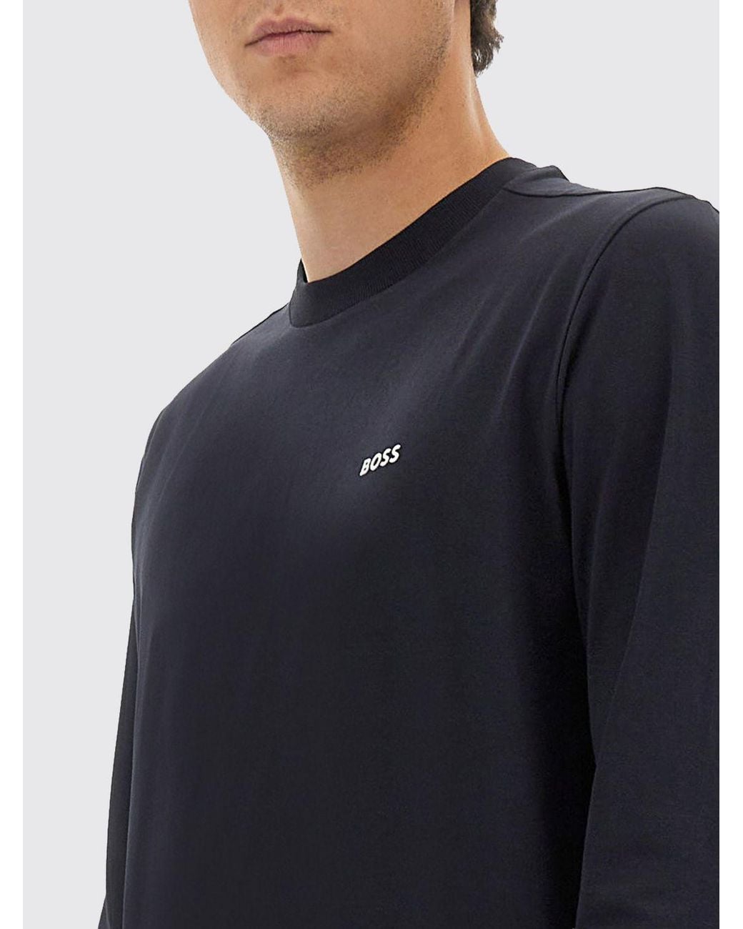 Boss Blue Long-Sleeved Cotton T-Shirt With Crewneck And Contrast Logo for men