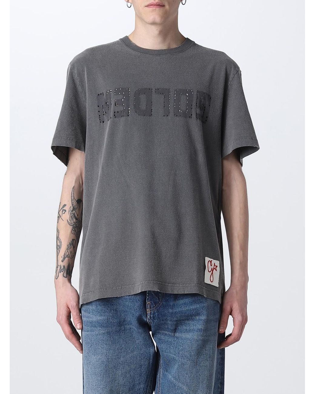 Golden Goose Deluxe Brand Gray Cotton T-shirt With Rhinestone Logo for men