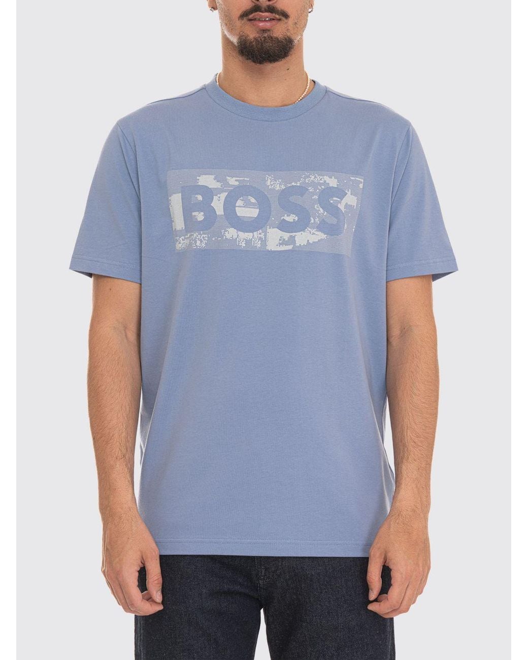 Boss Blue Cotton Crew-Neck T-Shirt With Printed Logo On The Chest for men