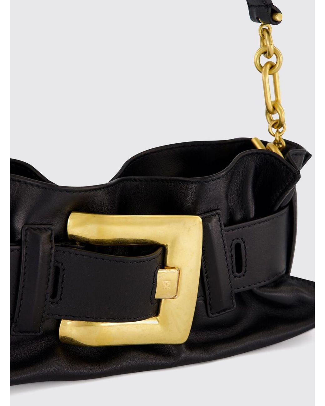 Balmain White Anthem Ruched Smooth Leather Shoulder Bag With Logo Buckle