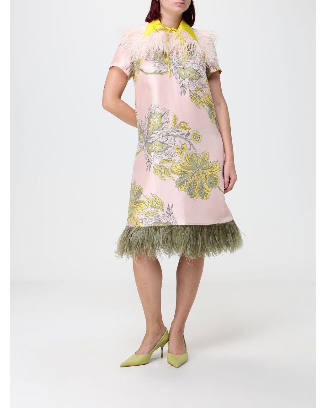 LaDoubleJ White Floral Print Silk Midi Evening Dress With Feather Details