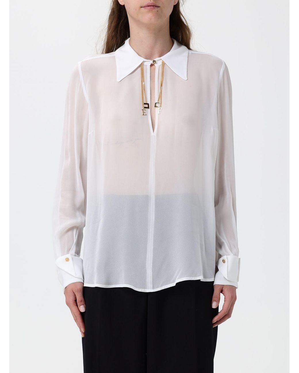 Elisabetta Franchi White Sheer Georgette Shirt With Jewel Collar