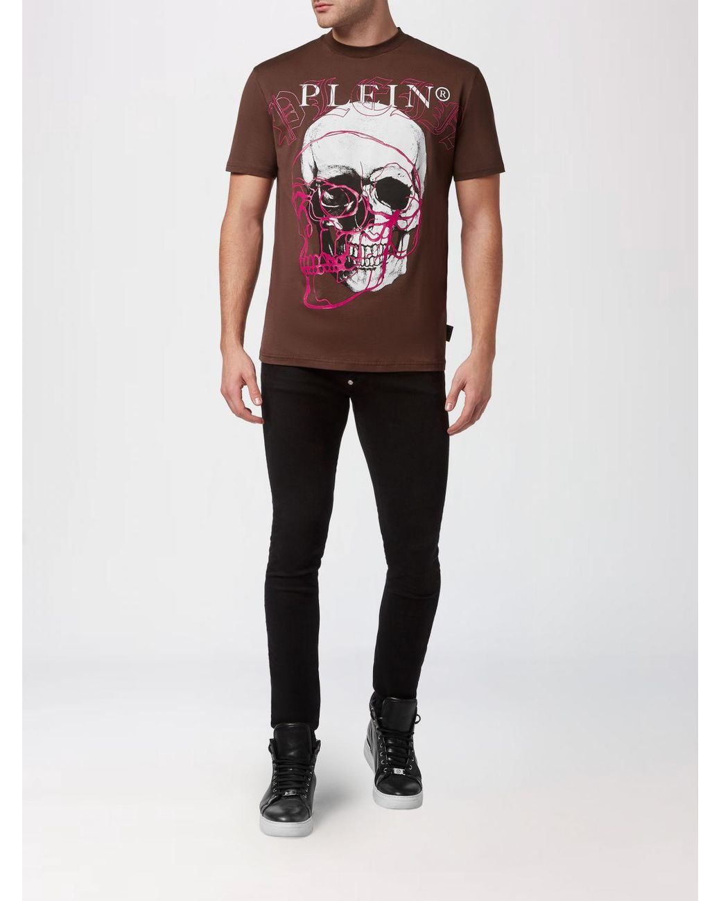 Philipp Plein Red Cotton Crewneck T-Shirt With Skull Print And Contrast Logo for men