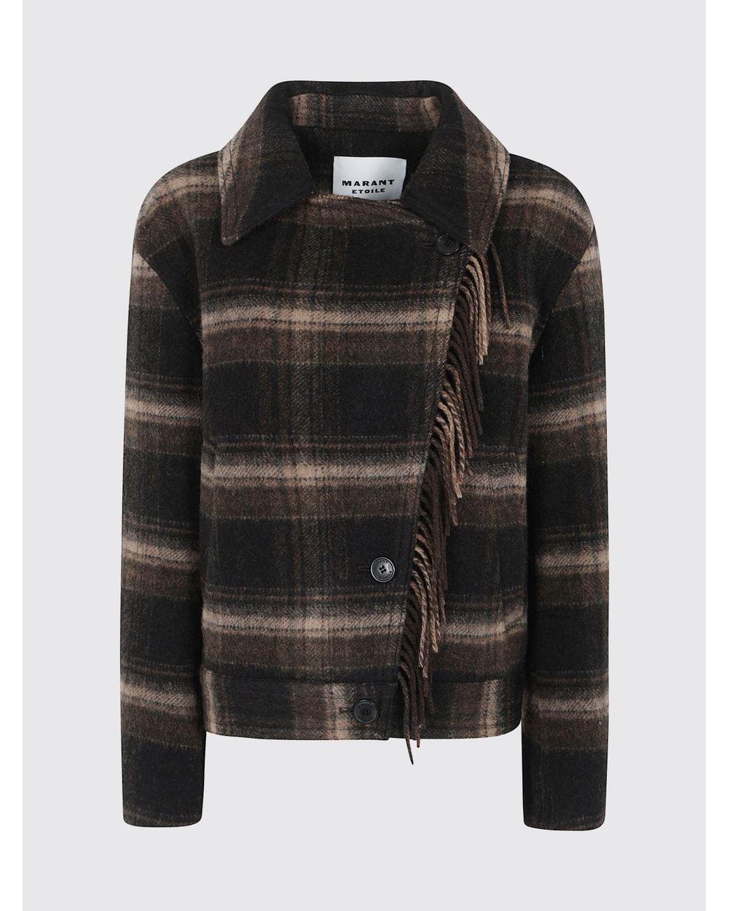Isabel Marant Black Short Single-Breasted Check Wool-Blend Coat With Fringes