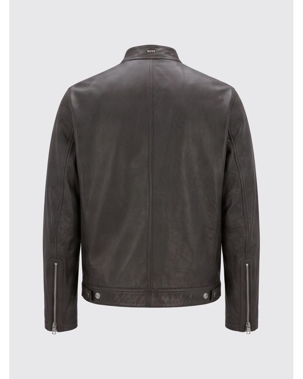 Boss Gray Short Leather Biker Jacket With Biker Collar And Metal Zip Closures for men