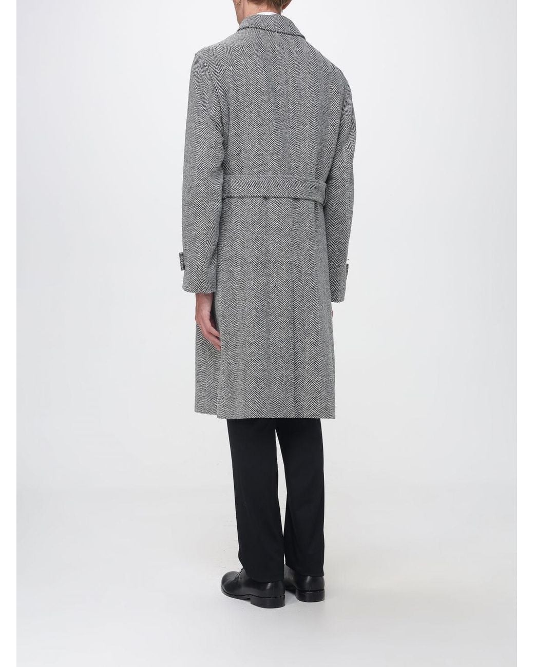 Lardini Gray Single-Breasted Long Wool Blend Chevron Coat With Belt for men