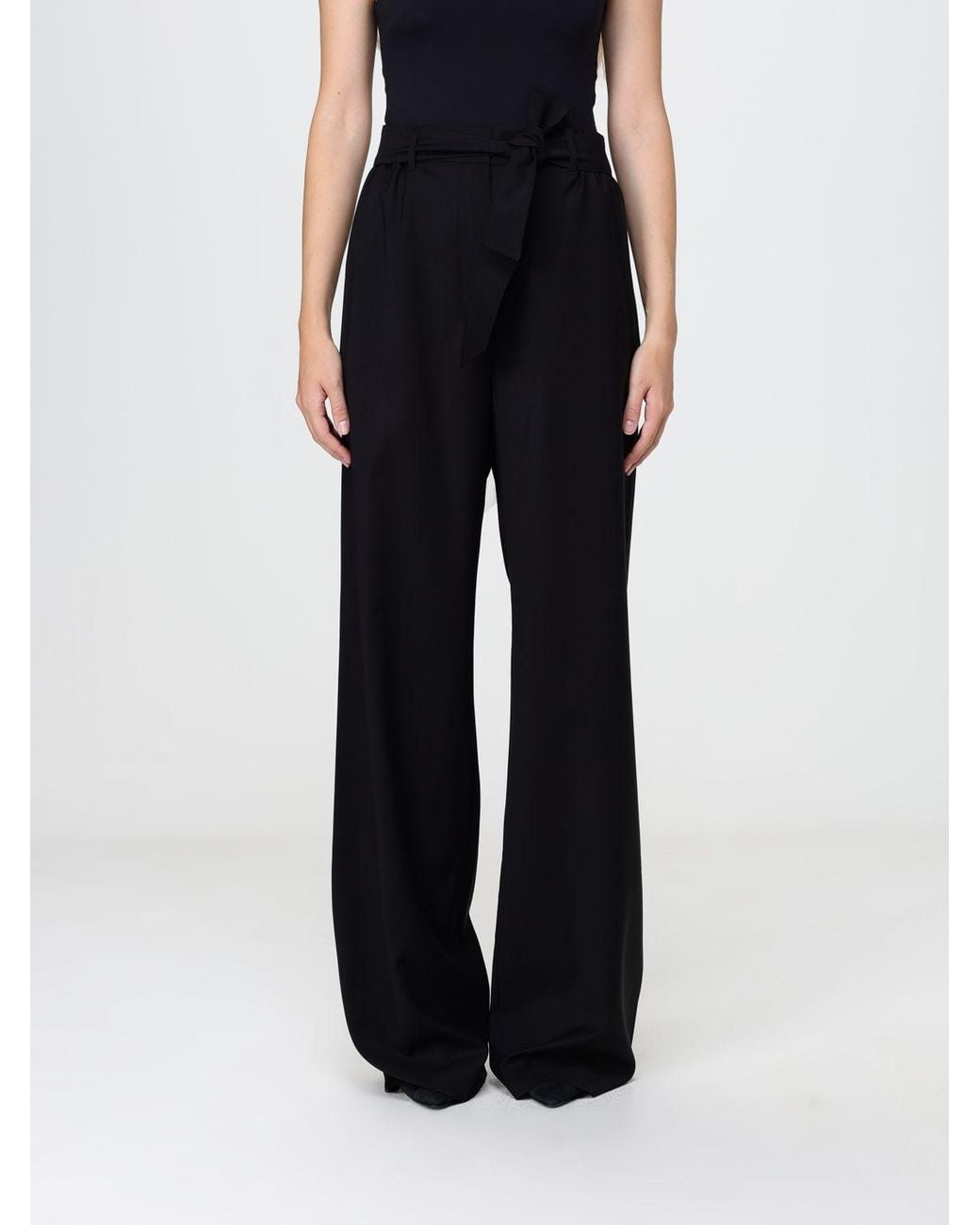 Max Mara Black Wide Leg Virgin Wool Trousers With Tie Belt