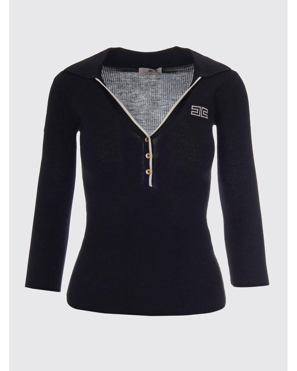 Elisabetta Franchi Black Slim Fit Long-Sleeved Ribbed Knitted Polo Shirt