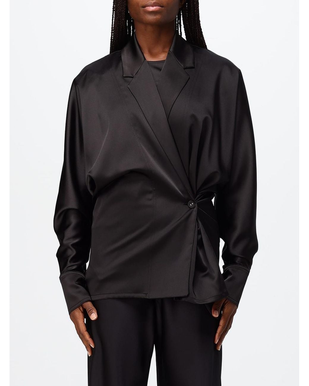 MEIMEIJ Black Satin Wrap Shirt With Dropped Shoulders