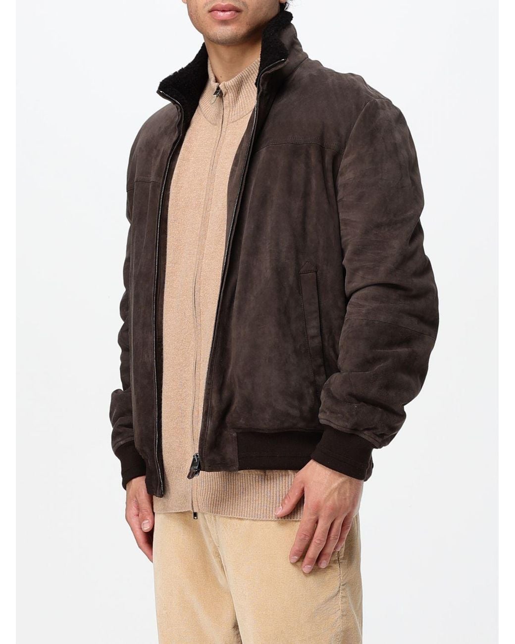 Canali Brown Suede Leather Bomber Jacket With Fur Collar And Elasticated Hem for men