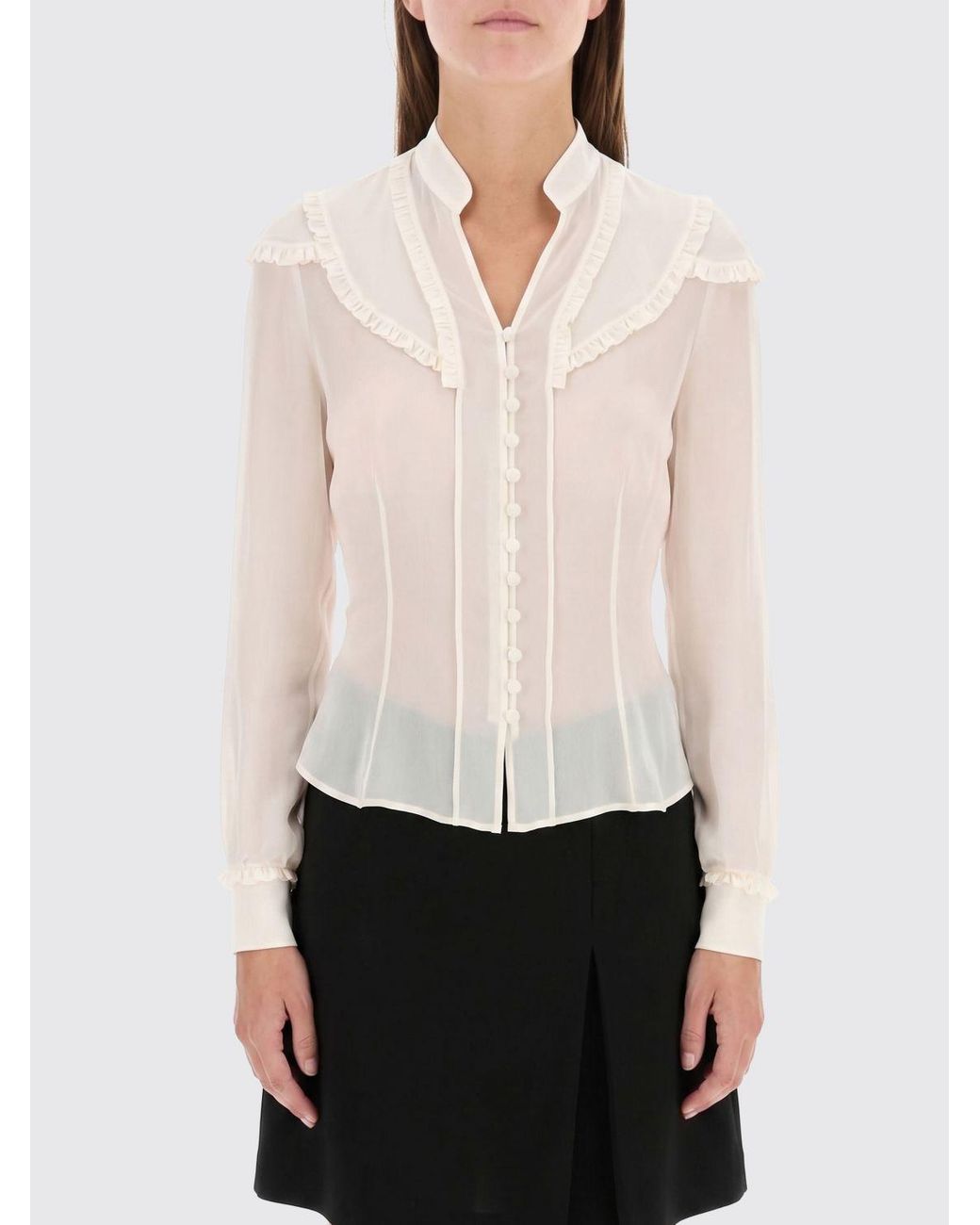 McQueen White Slim Fit V-Neck Silk Blouse With Ruffle Application