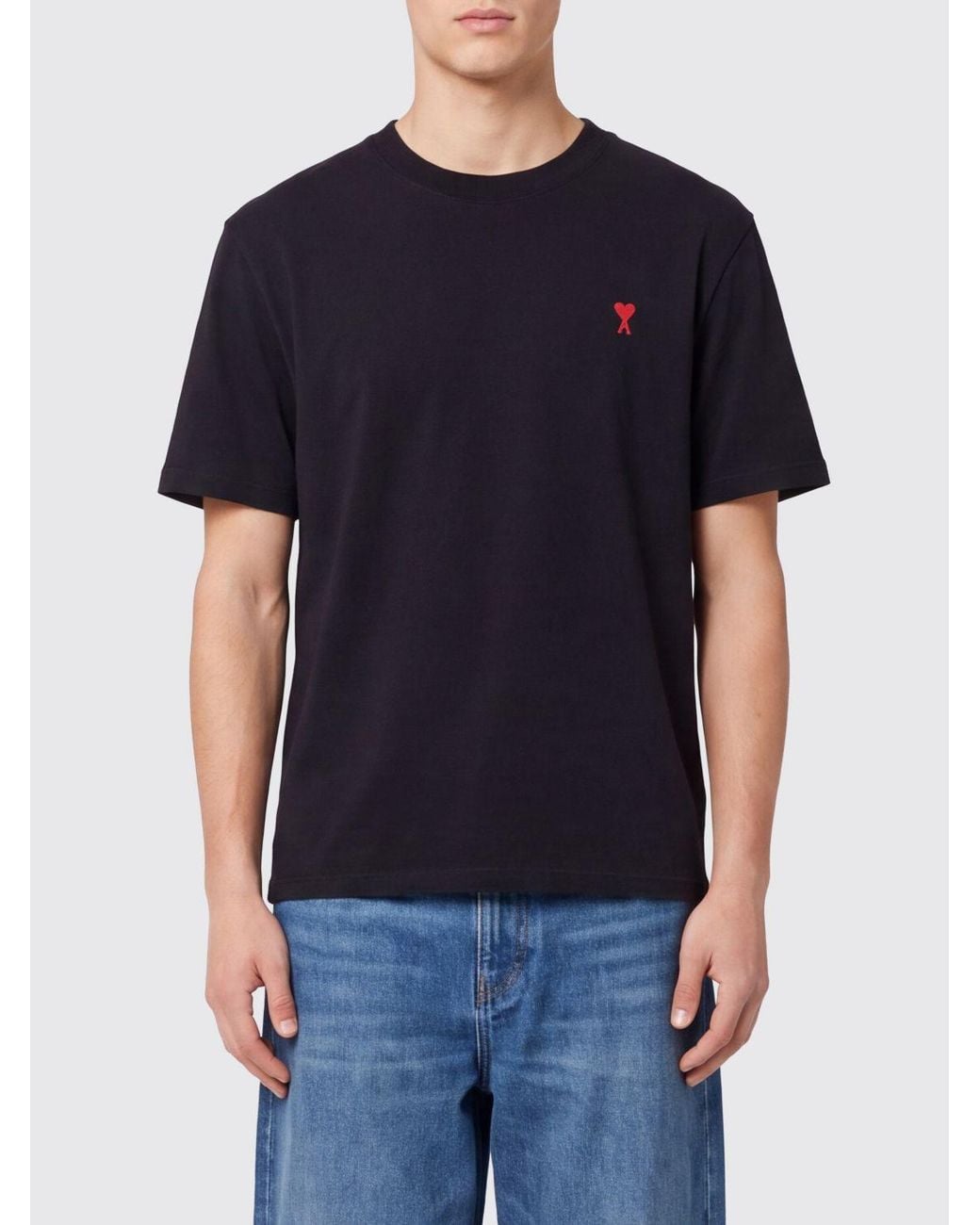 AMI Blue Long-Sleeved Organic Cotton T-Shirt With Embroidered Logo for men