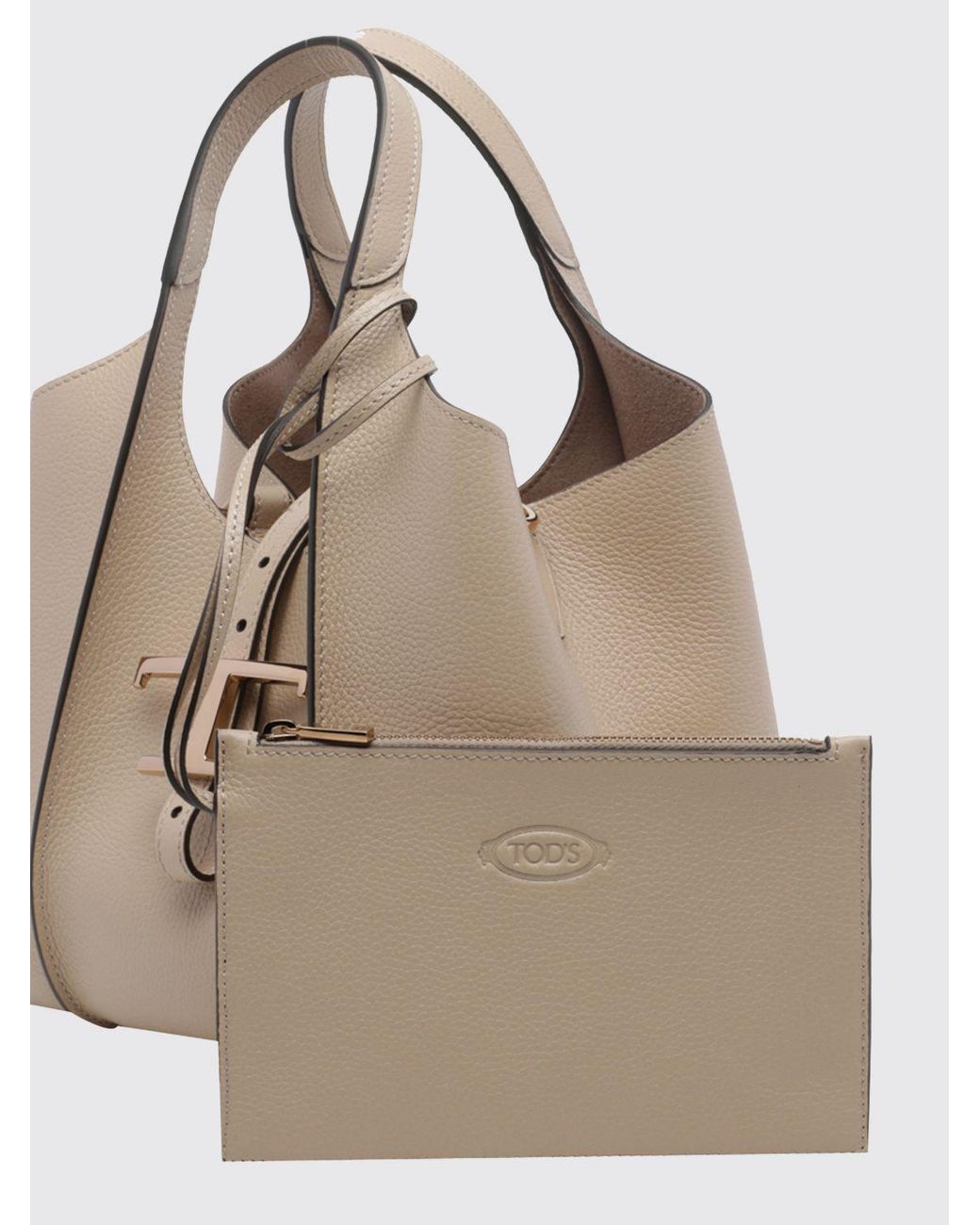 Tod's Natural T Timeless Grained Leather Handbag With Metal Logo