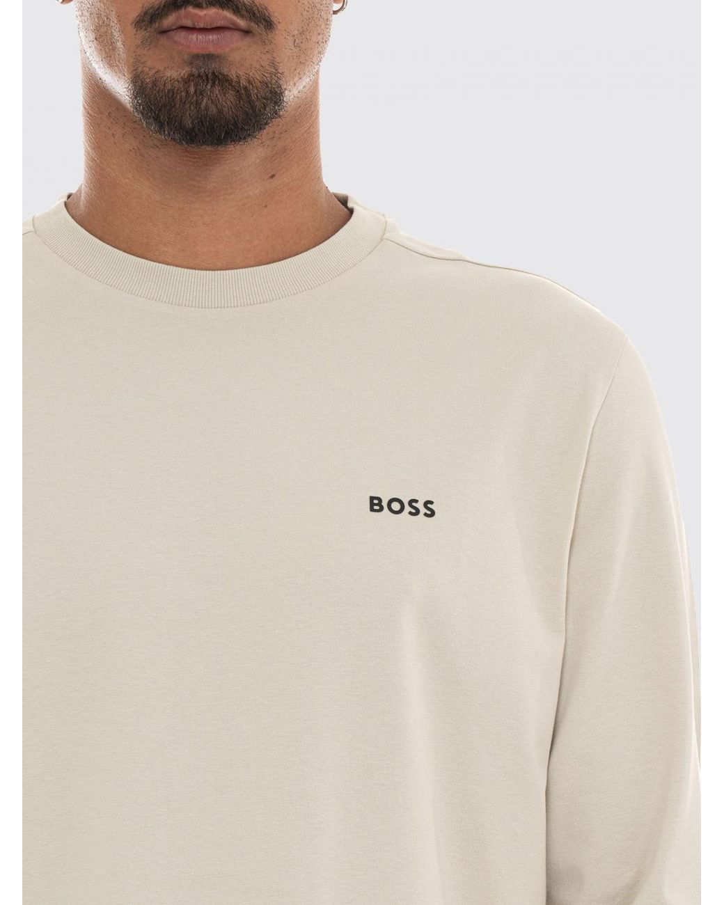 Boss Natural Long-Sleeved Cotton T-Shirt With Crewneck And Contrast Logo for men