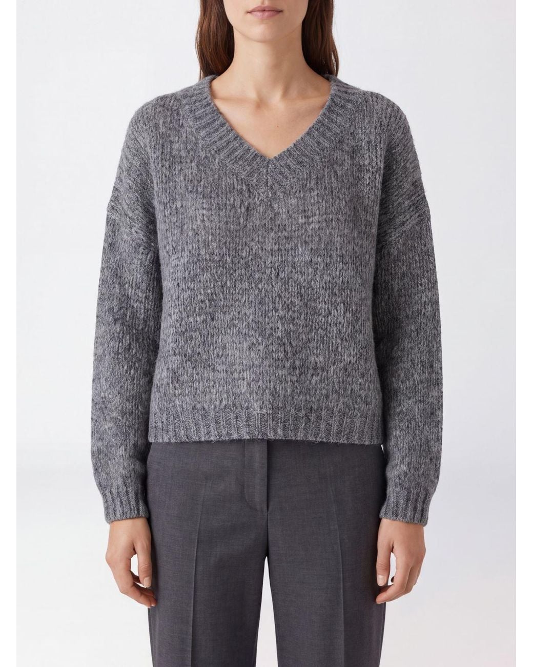 Roberto Collina Gray V-Neck Alpaca And Wool-Blend Jumper With Ribbed Trims