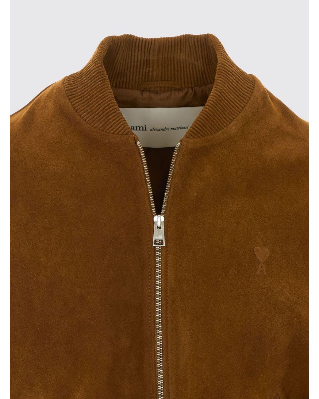 AMI Brown Relaxed Fit Suede Leather Bomber Jacket With Embroidered Logo for men