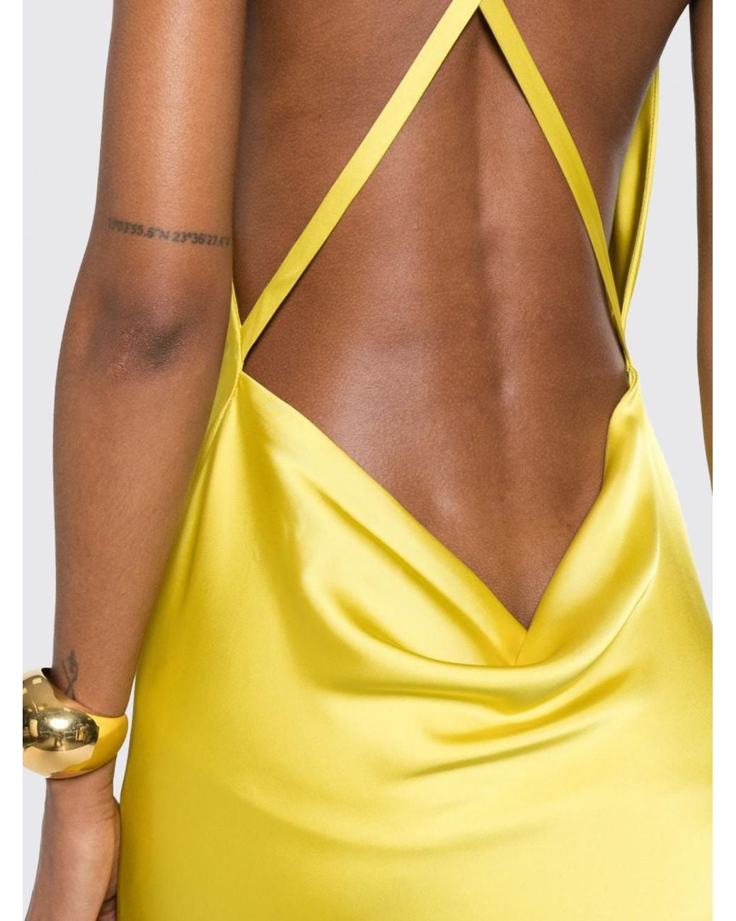 Norma Kamali Yellow Long Satin Evening Gown With Draped Neckline