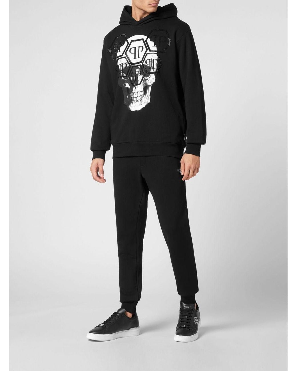 Philipp Plein Black Cotton Hoodie With Skull Print And Rhinestone Logo for men