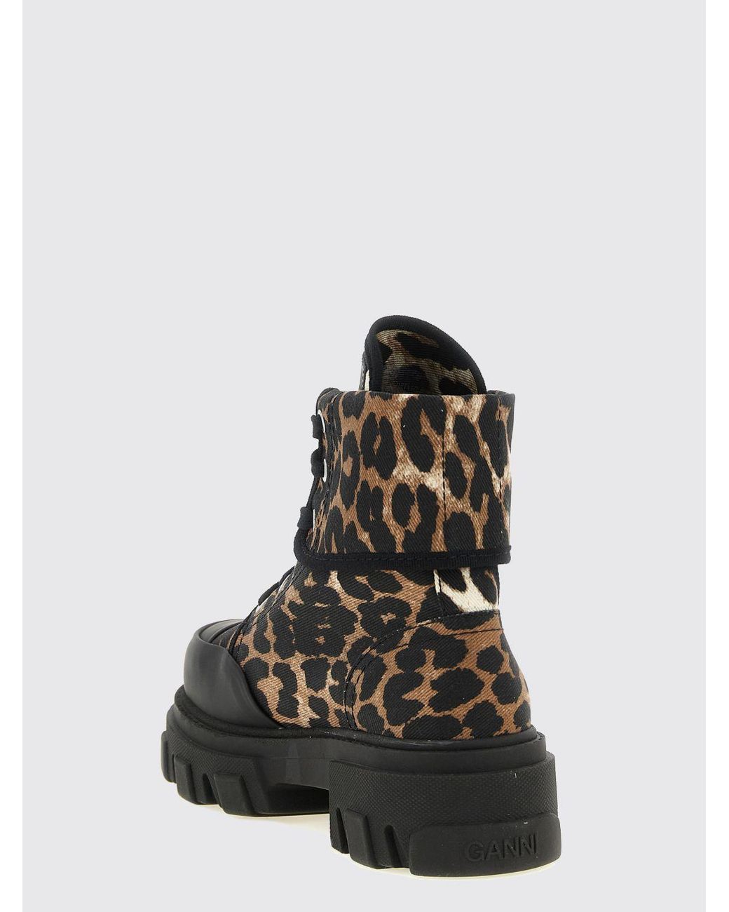 Ganni Black Animalier Print Organic Cotton Lace-Up Combat Boots With Lug Sole