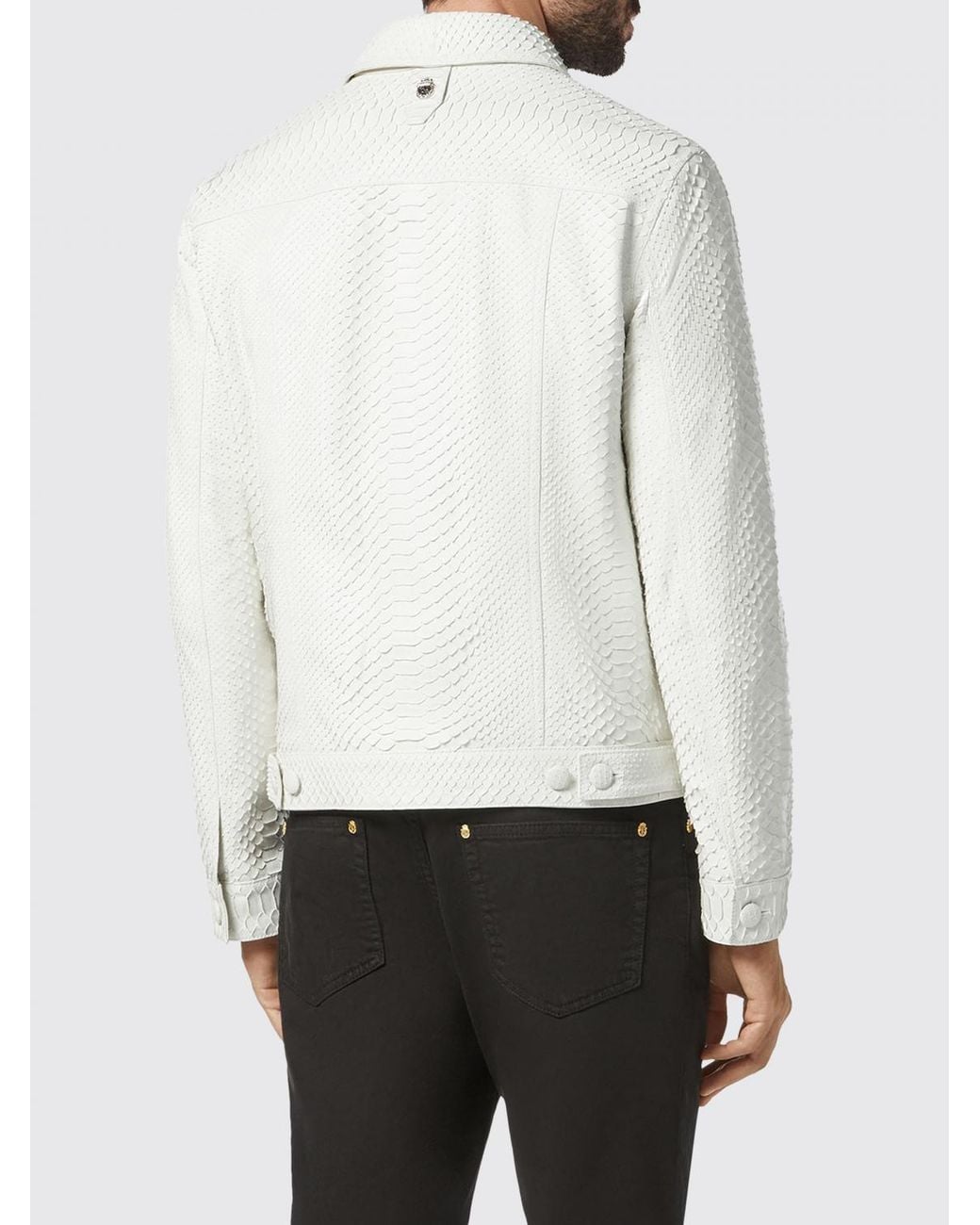 Billionaire White Snakeskin Leather Shirt Jacket With Applied Patch Pockets for men