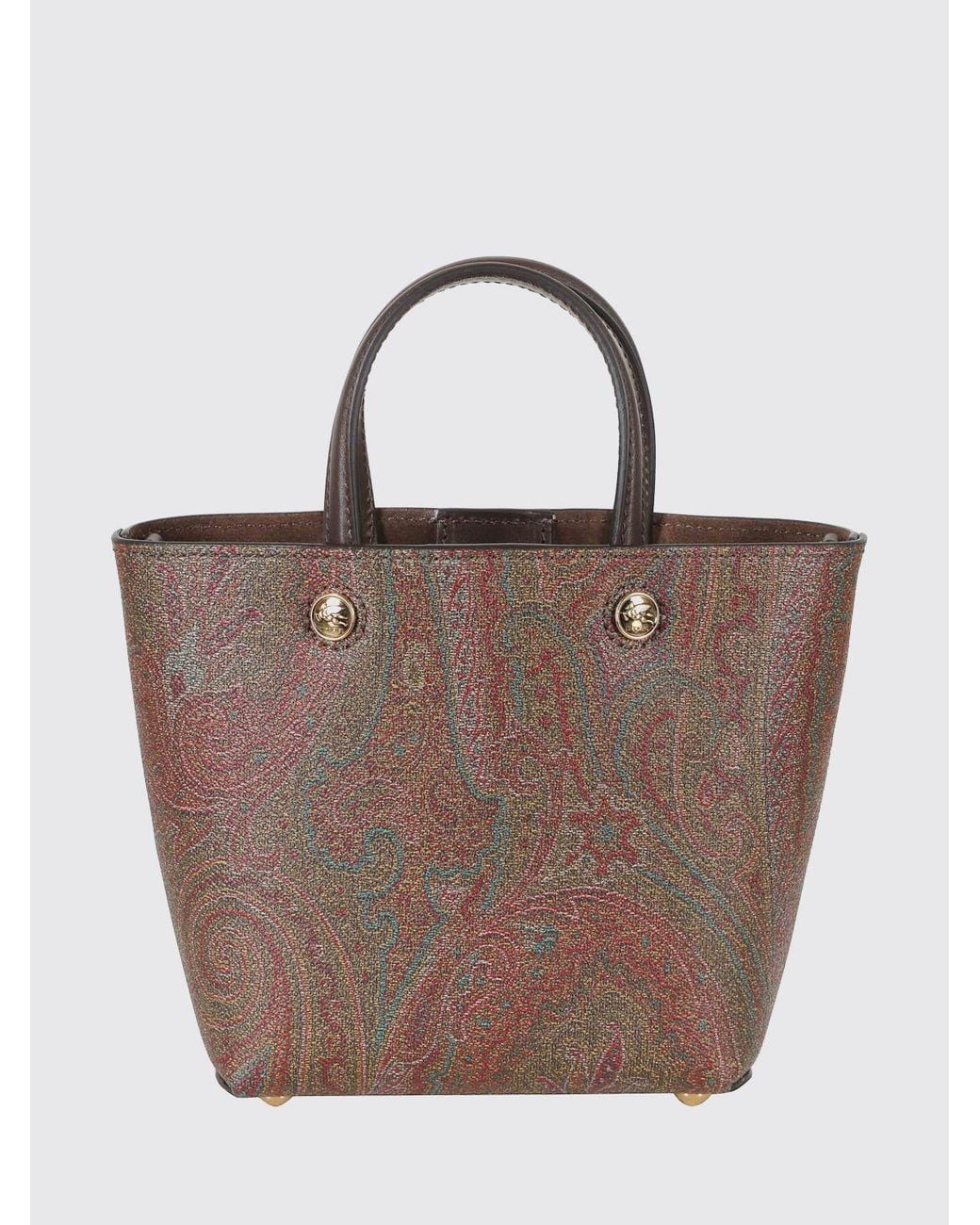 Etro Brown Essential Mini Paisley Cotton Tote With Shoulder Strap And Protective Feet