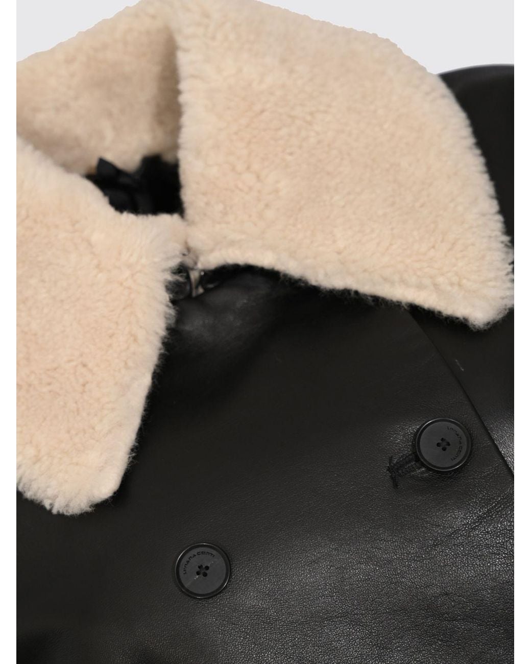 Liviana Conti Black Double-Breasted Leather Coat With Fur Collar And Cuffs