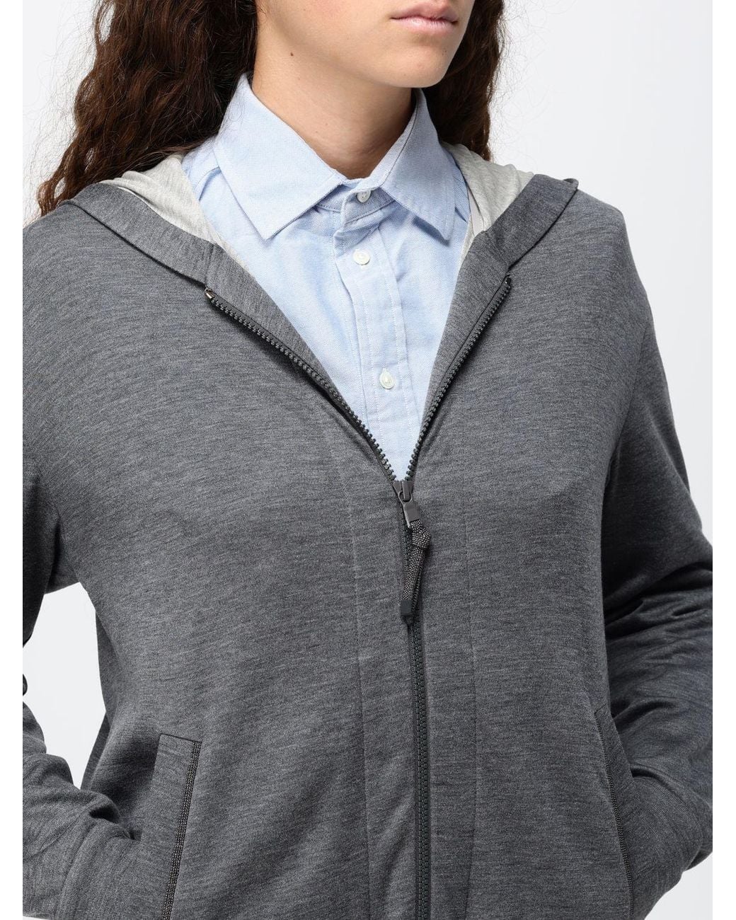Brunello Cucinelli Gray Cotton And Silk Blend Hooded Zip-Up Sweatshirt