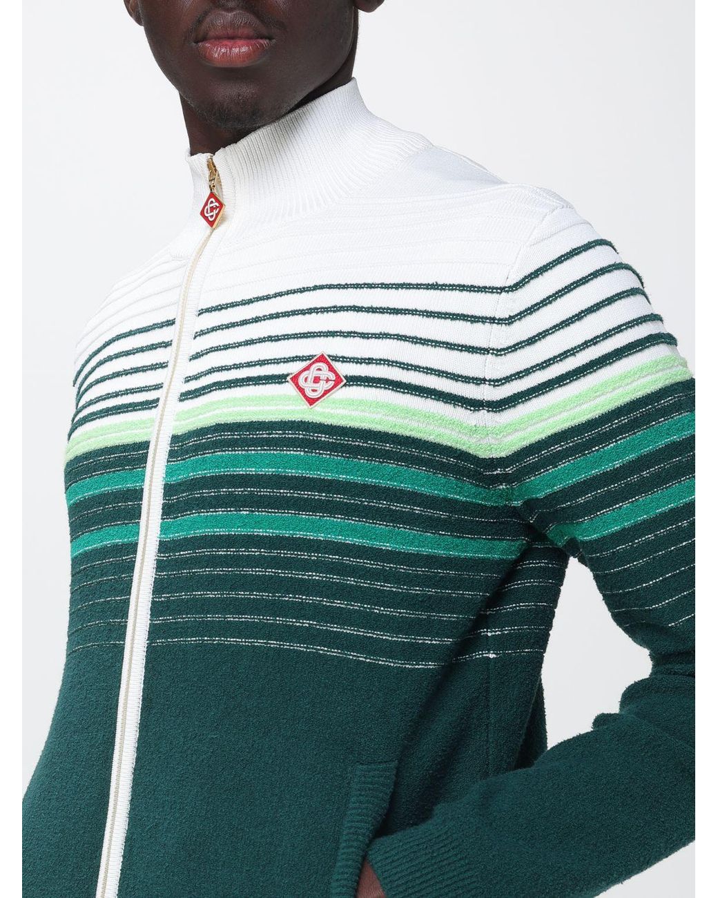 Casablanca Green Striped Cotton-Blend Cardigan With A Turtleneck And Zip Closure for men