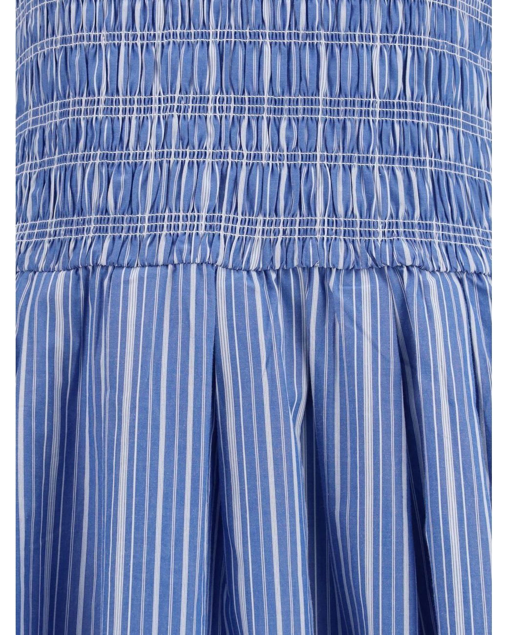 Ganni Blue Striped Cotton Midi Dress With Puff Sleeves