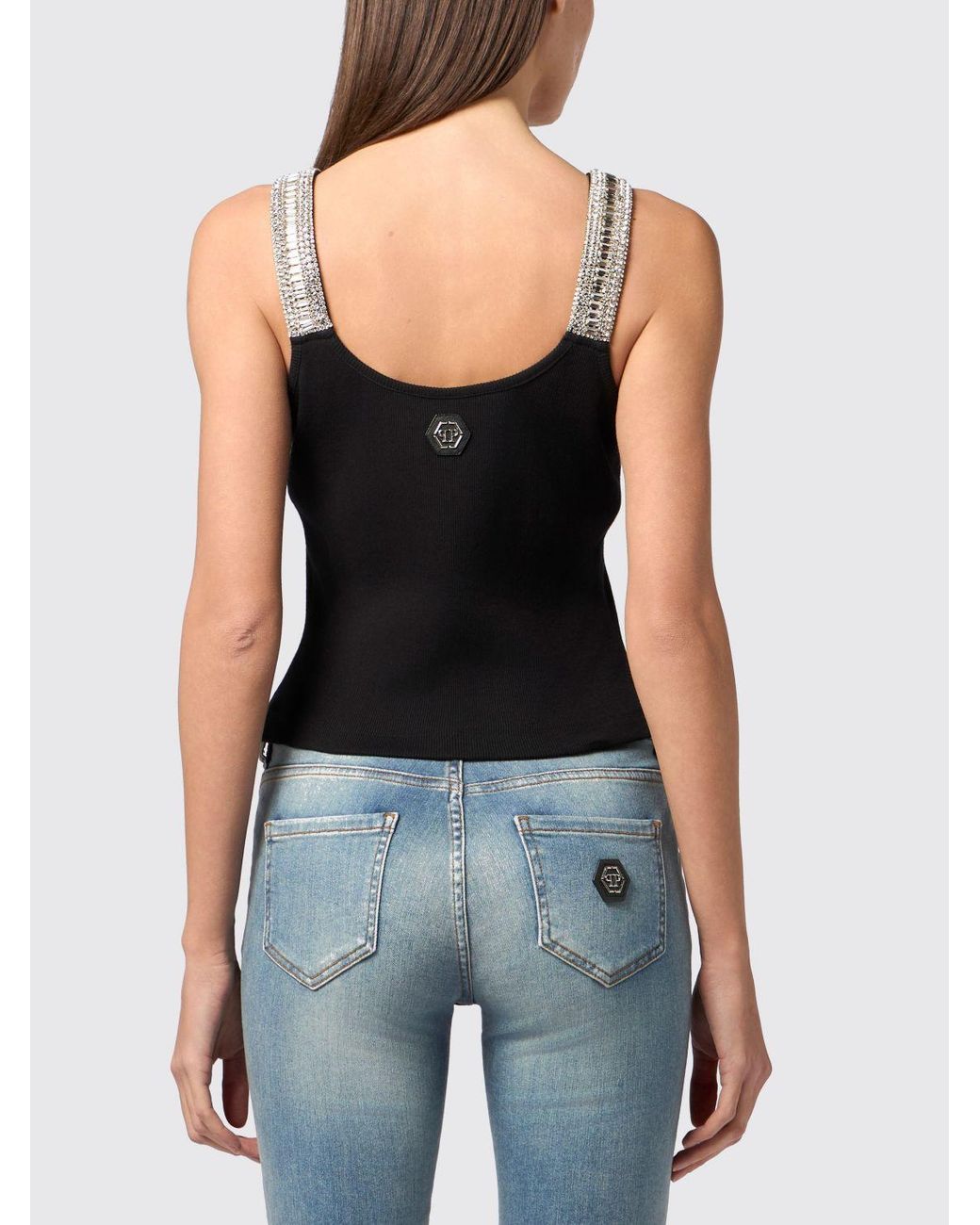 Philipp Plein Black Cropped Cotton Top With Jewel Straps And Rhinestone Logo