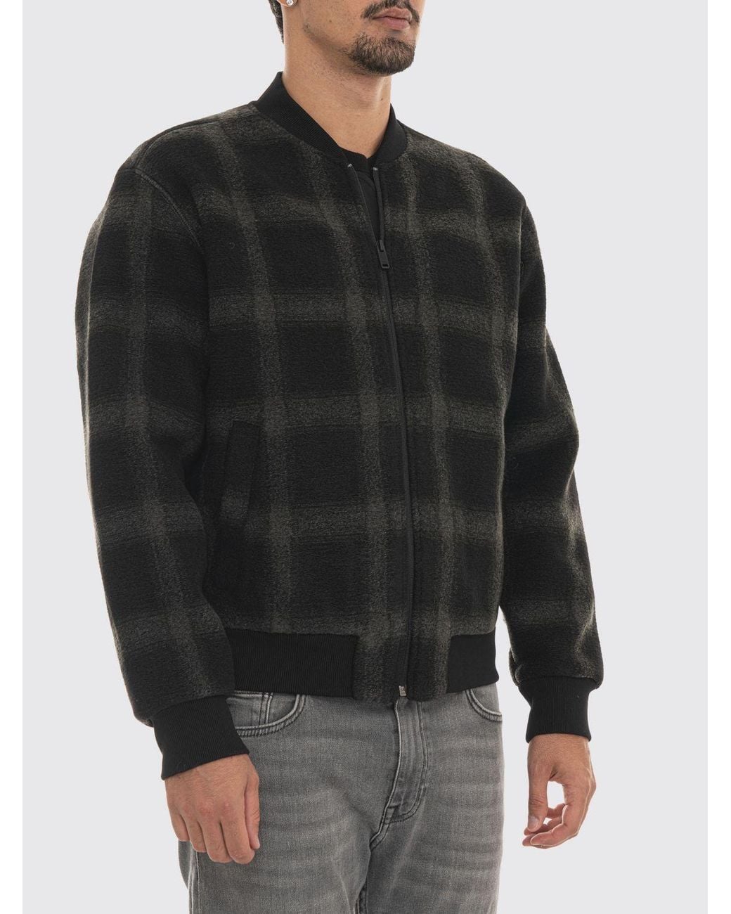 Boss Black Tartan Pattern Wool-Blend Bomber Jacket With Zip Closure for men