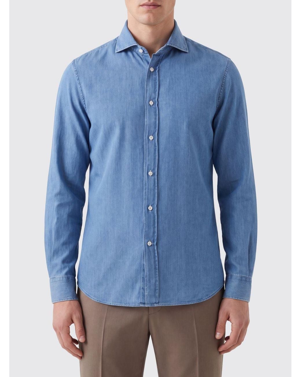 Brunello Cucinelli Blue Slim Fit Cotton Denim Shirt With French Collar for men