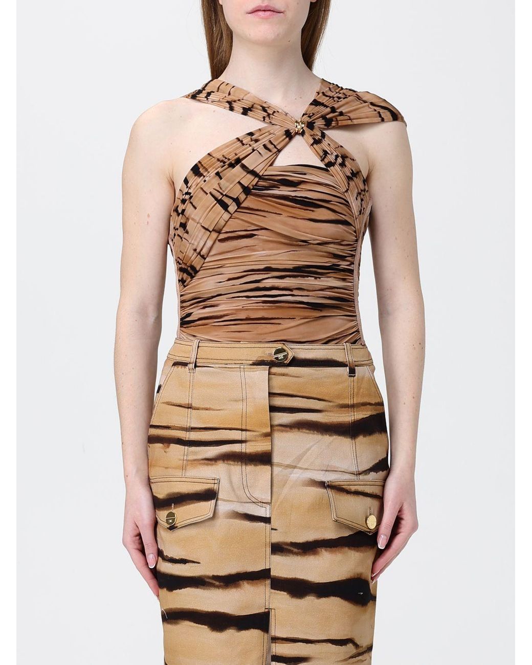 Elisabetta Franchi Natural Animal Print Jersey Bodysuit Top
