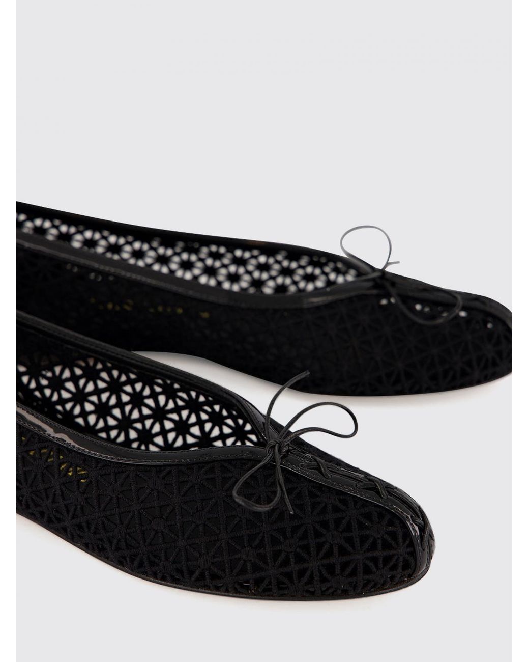 Ferragamo White Macramé Lace Ballet Flats With Patent Leather Round Toe