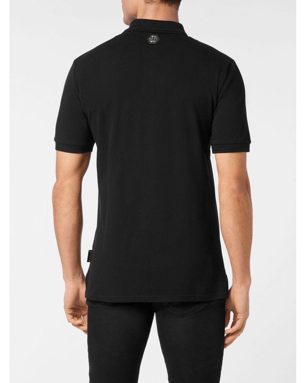 Philipp Plein Black Short-Sleeved Cotton Polo Shirt With Rhinestone Hexagon Logo for men