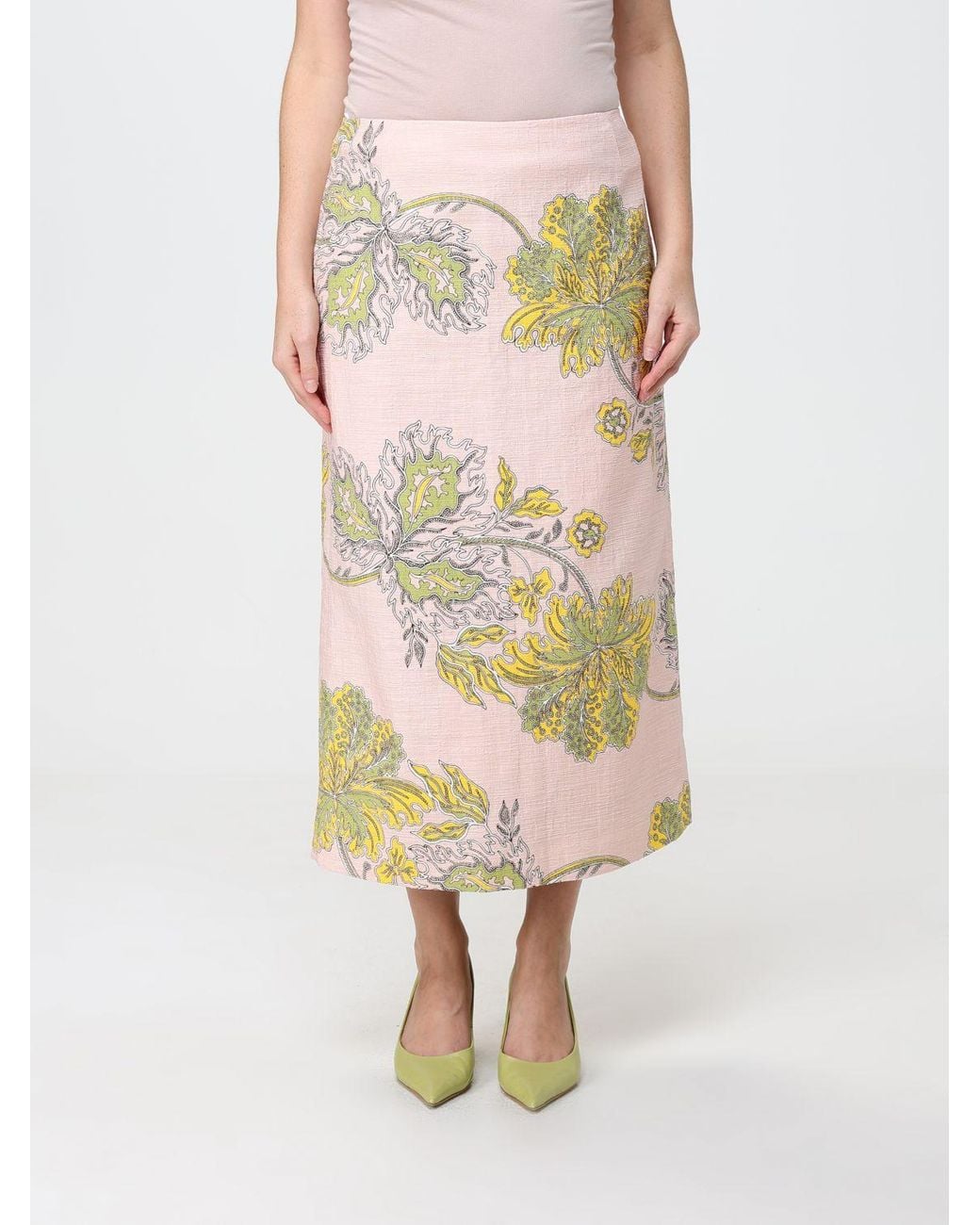 LaDoubleJ White High-Waisted Floral Print Stretch Cotton Midi Pencil Skirt
