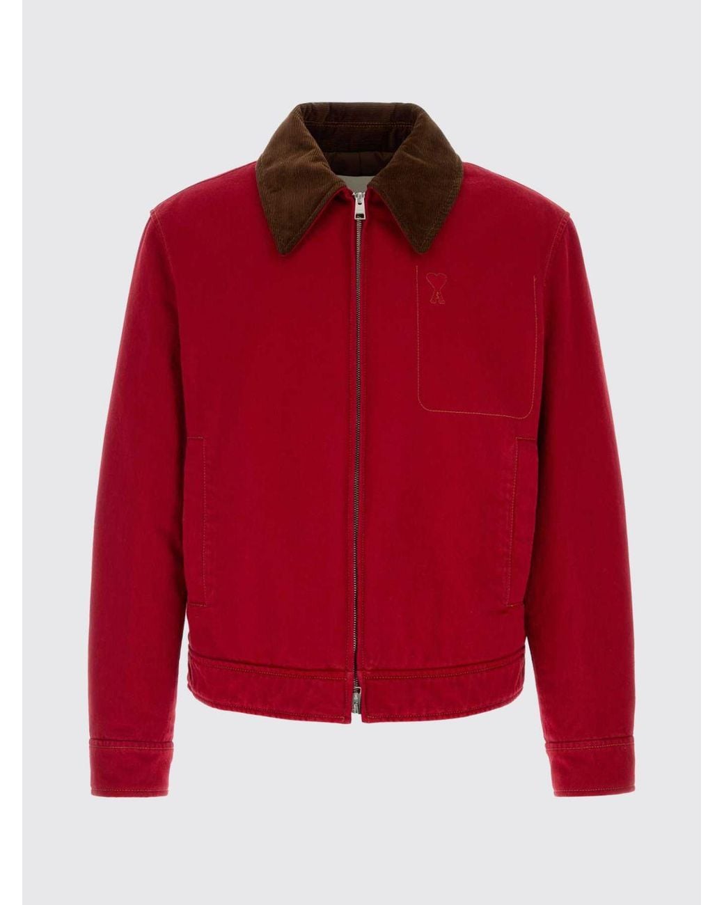 AMI Red Cotton Light Jacket With Corduroy Velvet Collar for men
