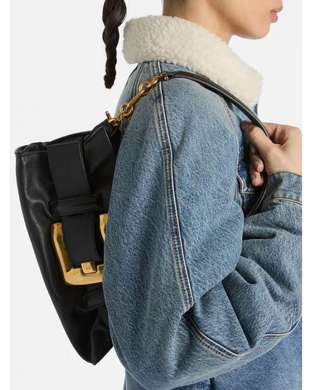 Balmain White Anthem Ruched Smooth Leather Shoulder Bag With Logo Buckle