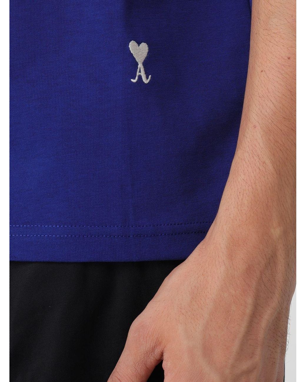 AMI Blue Cotton T-Shirt With Slogan And Embroidered Logo for men