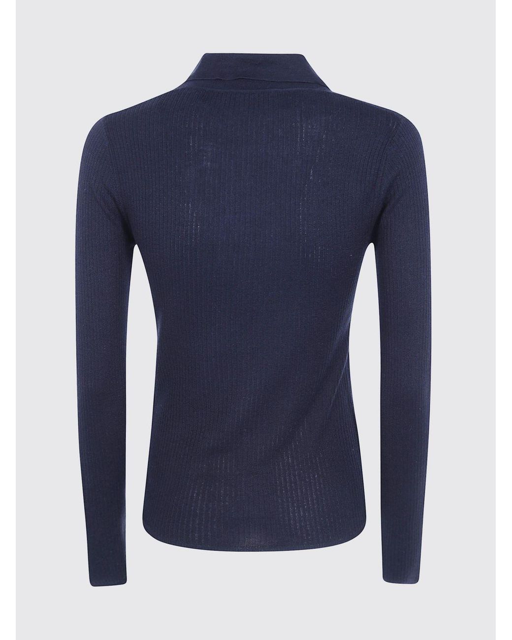 Max Mara Blue Ribbed Silk And Cashmere Knit Polo With V-Neck And Slim Fit