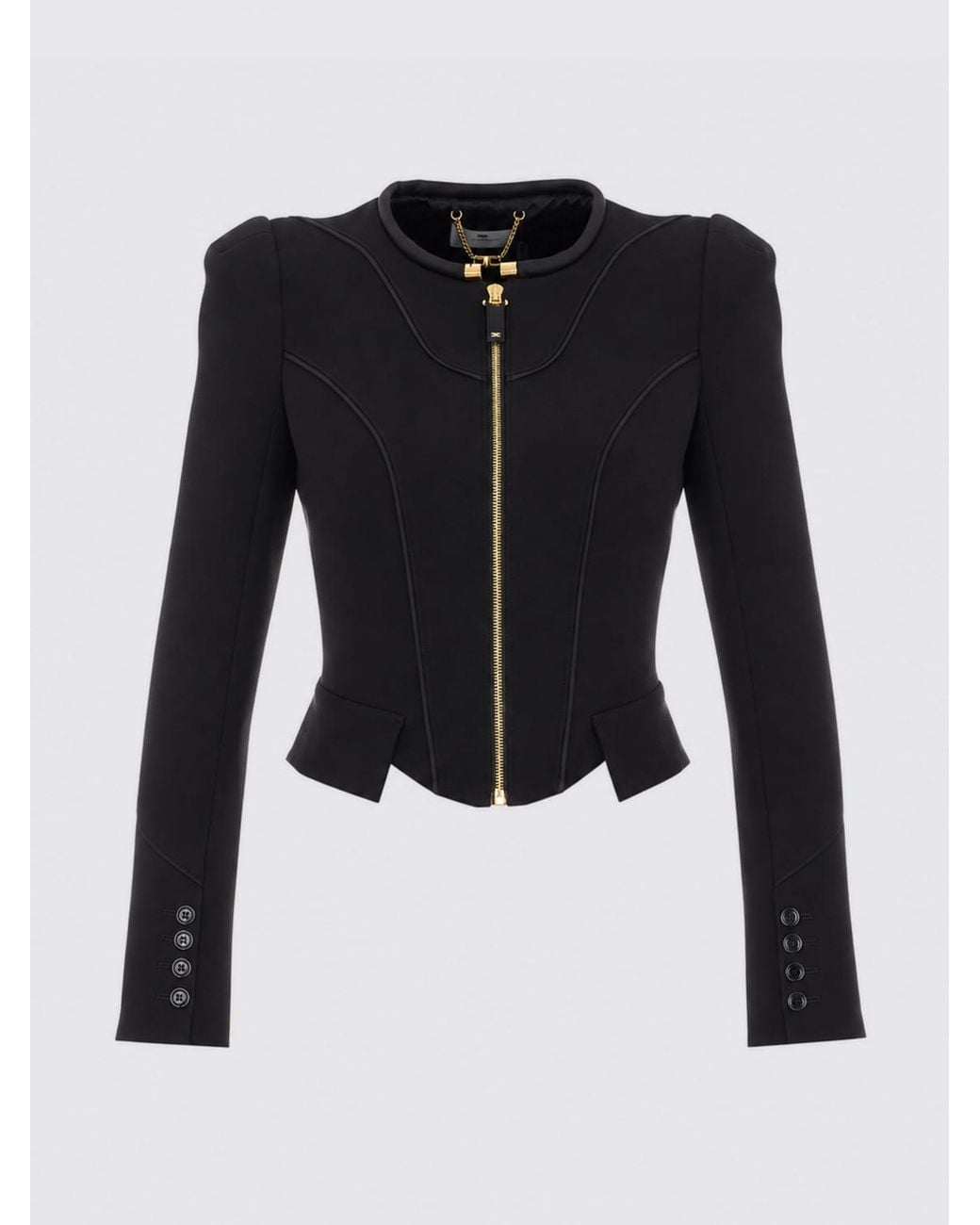Elisabetta Franchi Black Cropped Corset Blazer With Crew Neck And Asymmetrical Hem