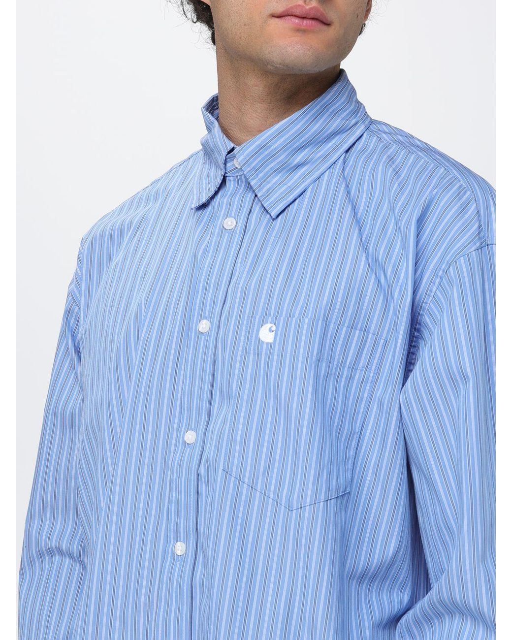 Carhartt Blue Relaxed Fit Striped Cotton Poplin Shirt With Patch Pocket for men